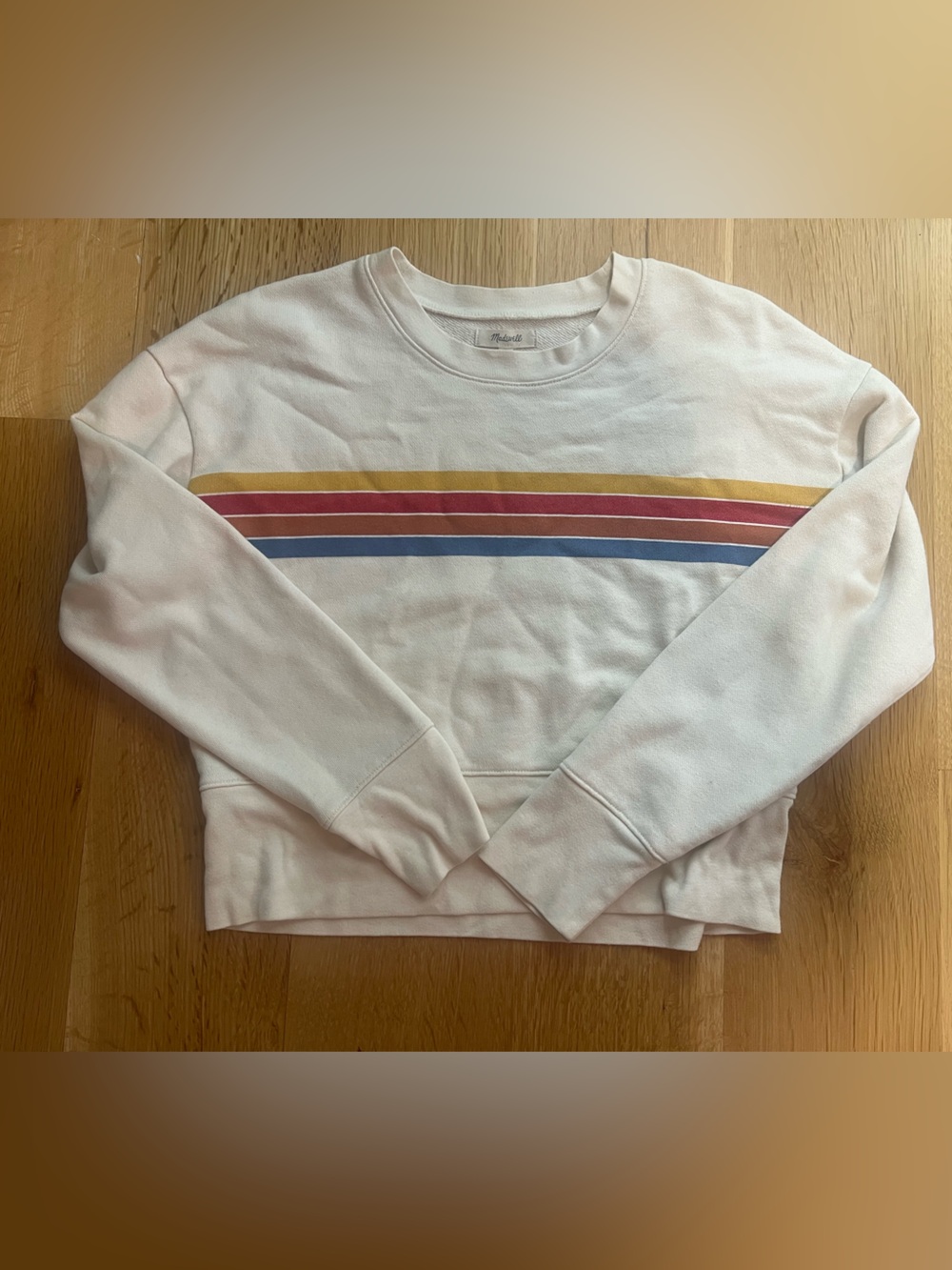 Madewell Cream Crewneck Sweatshirt with Blue, Red, and Mustard Stripes